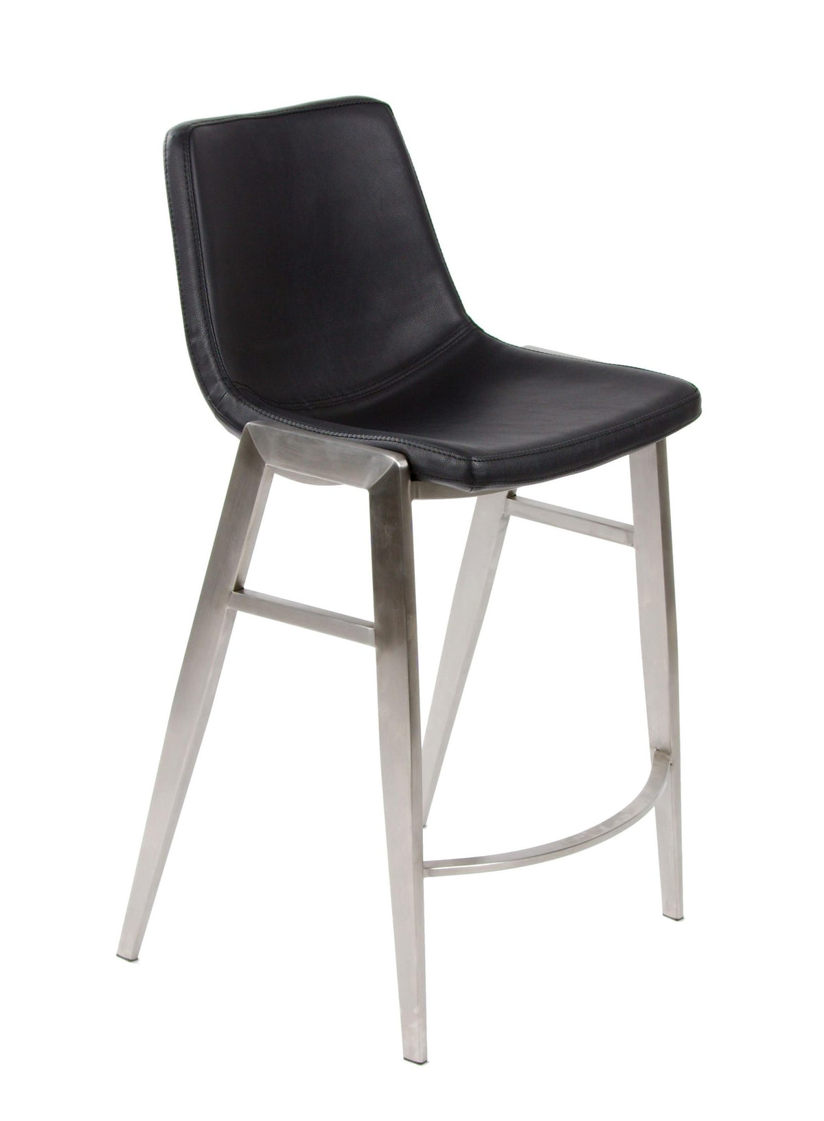 Moon – Stationary Stool with Faux Leather Black Seat and Backrest by Furnishings Mate – Brushed Stainless Steel Frame