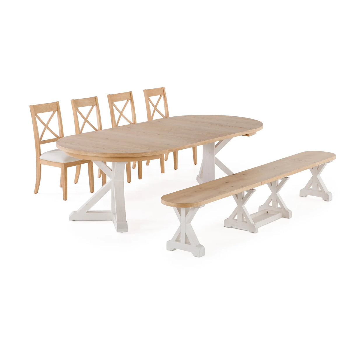 Gather Dining Set: Round Table + 1 Bench + 4 Chairs