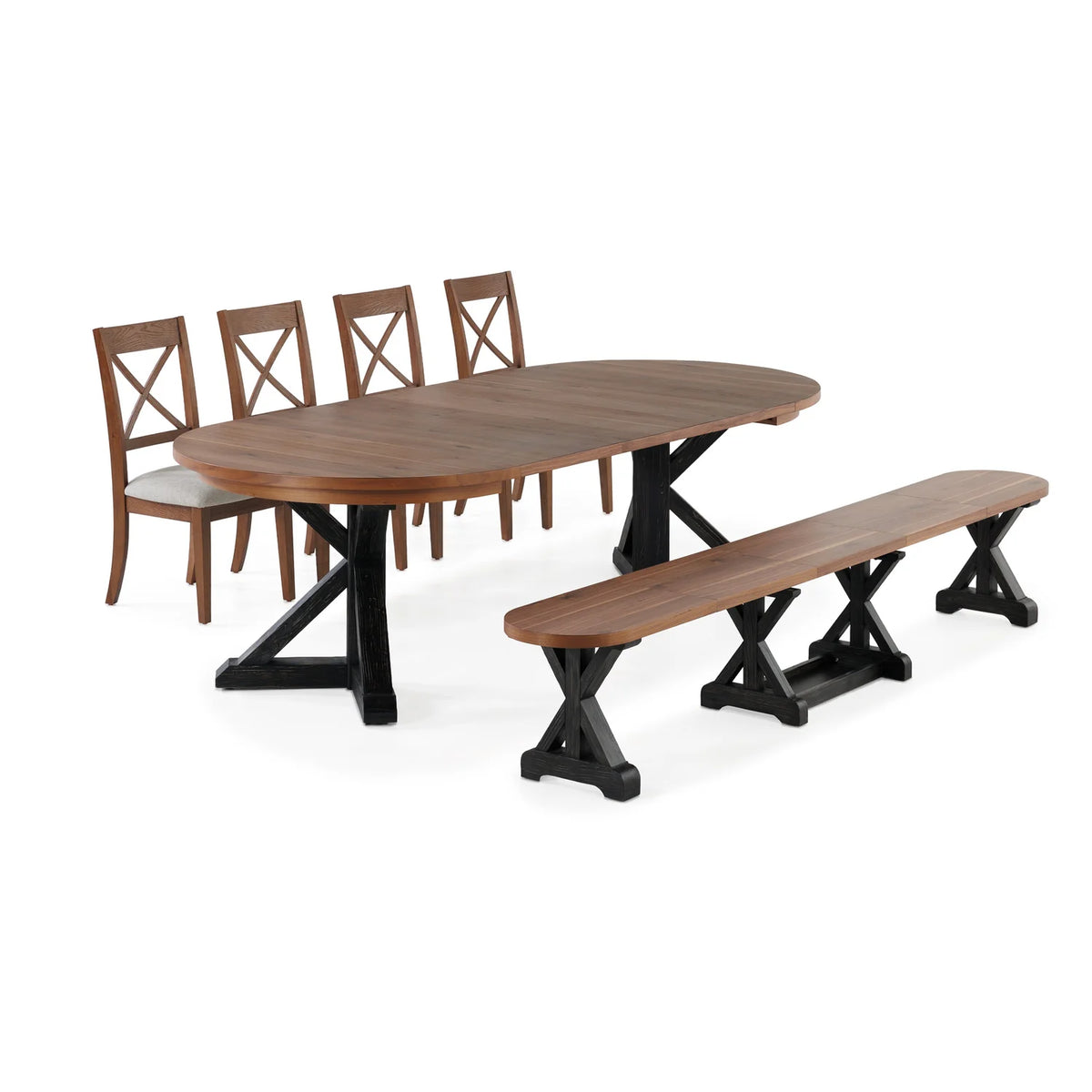 Gather Dining Set: Round Table + 1 Bench + 4 Chairs