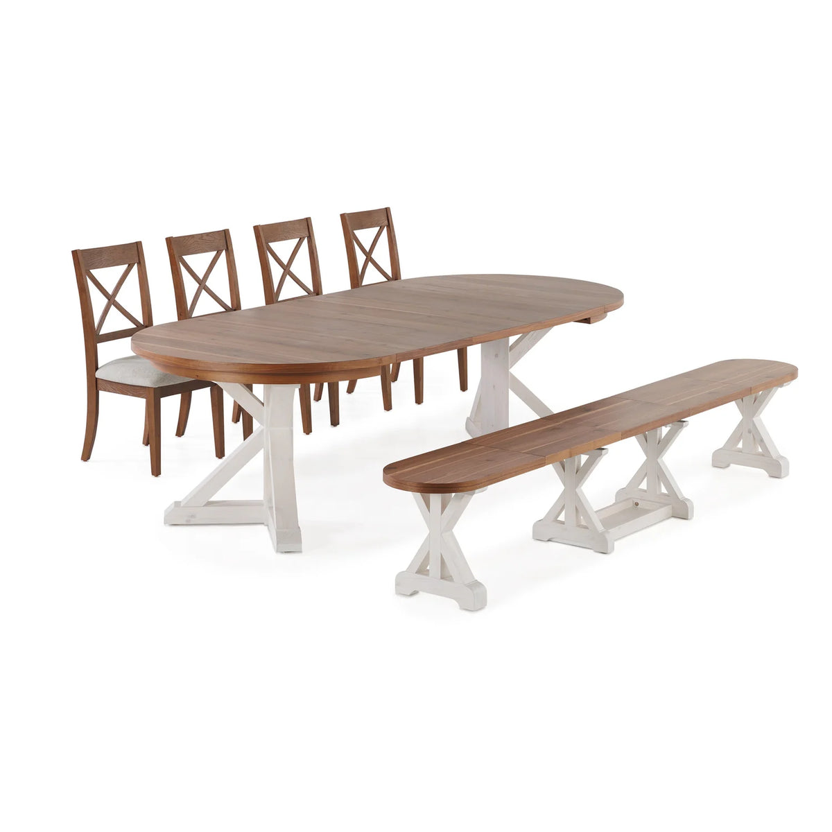 Gather Dining Set: Round Table + 1 Bench + 4 Chairs