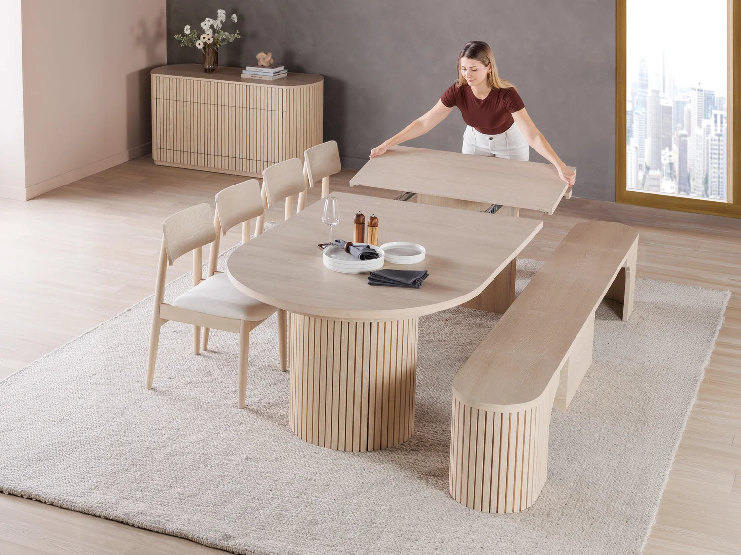 Transformer Round Dining Set - The Host | Table, 4x Chairs & Bench