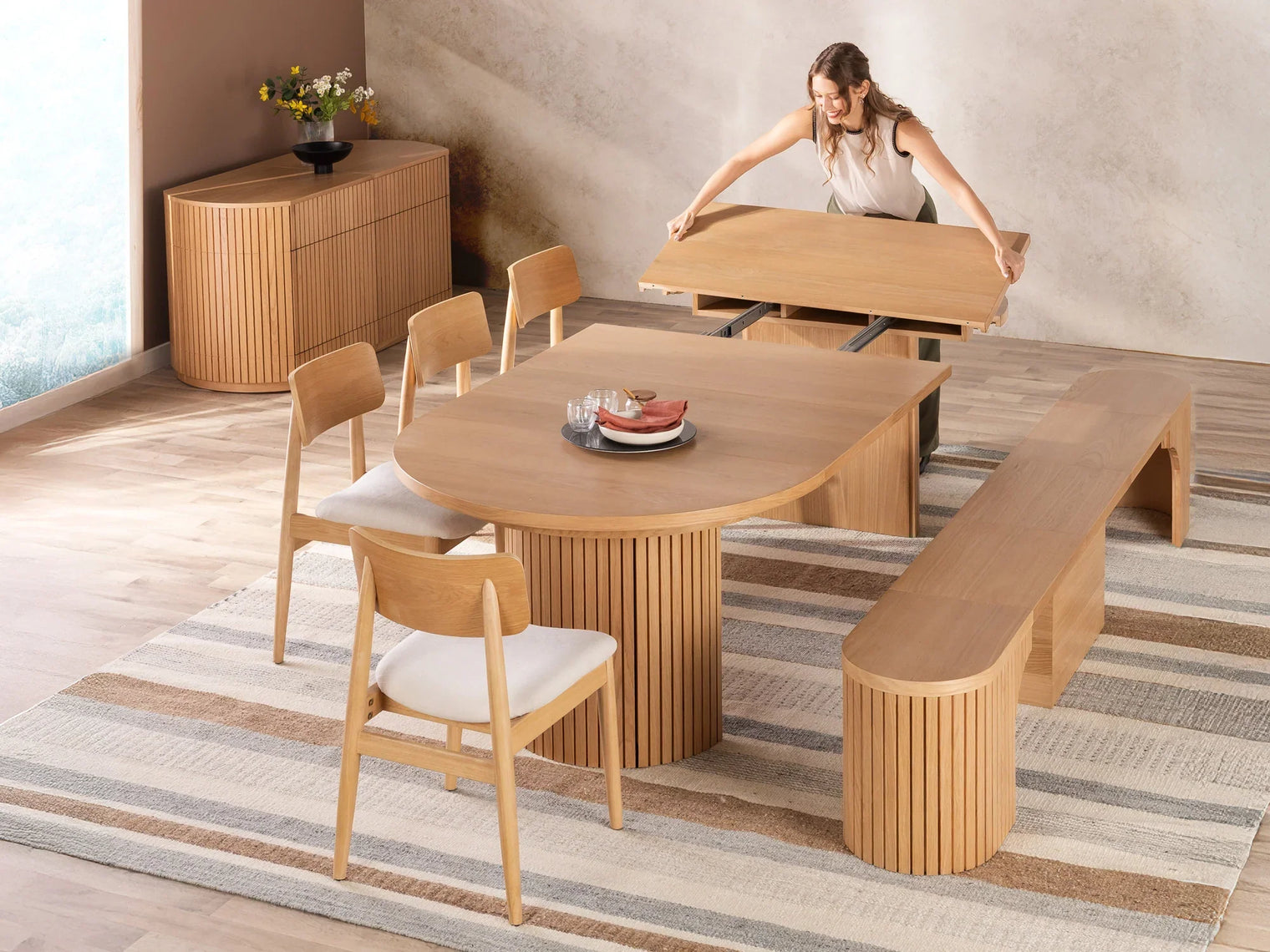Transformer Round Dining Set - The Host | Table, 4x Chairs & Bench
