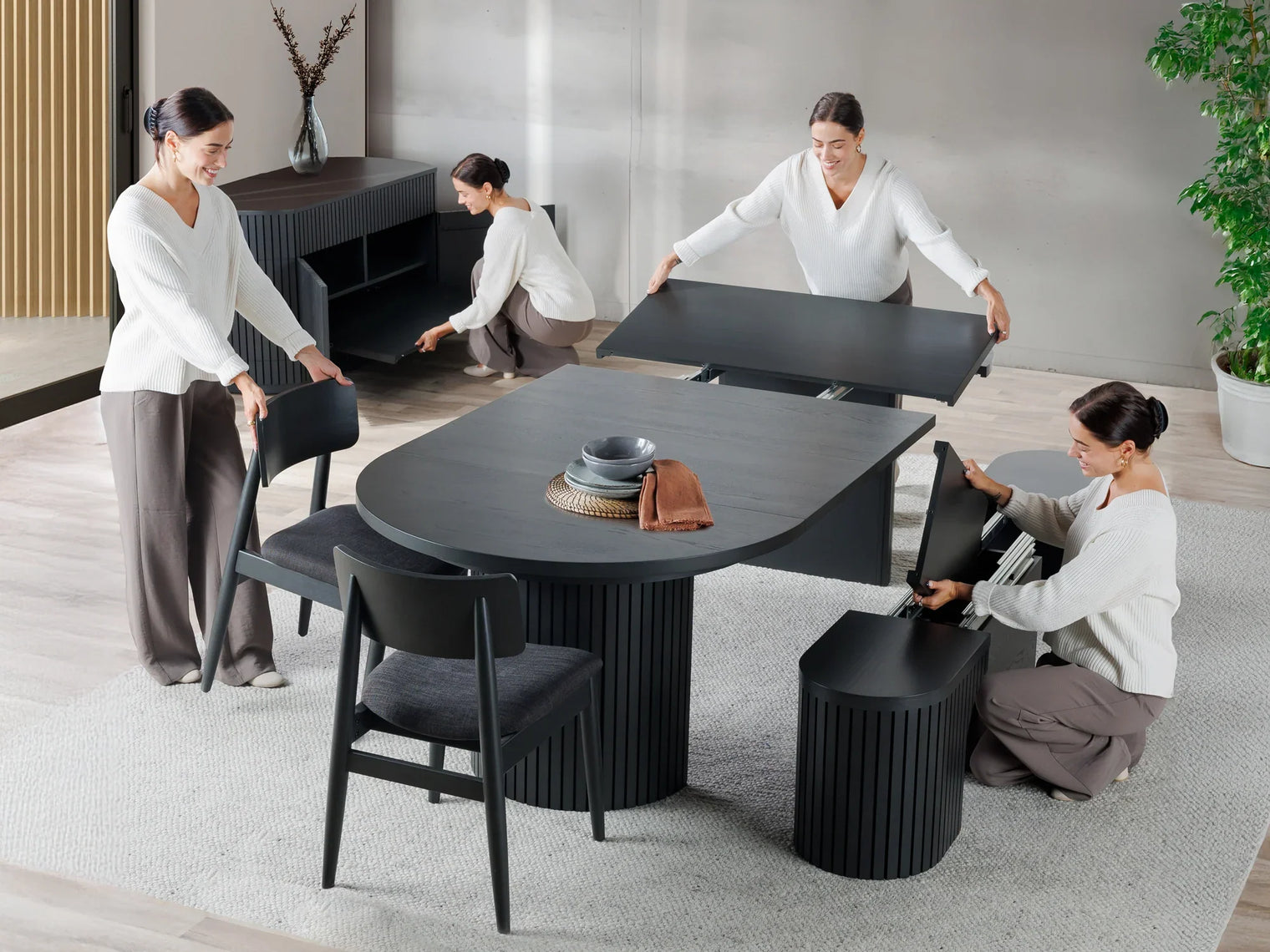Transformer Round Dining Set - The Host | Table, 4x Chairs & Bench