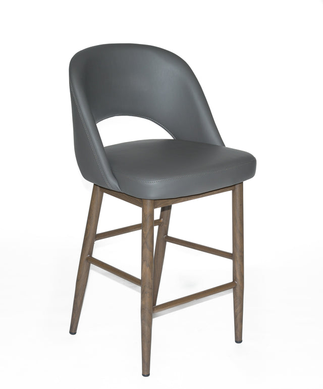 Henrick – Stationary Stool with Faux Leather Grey Seat and Backrest by Furnishings Mate – Faux Wood Walnut Steel Frame - Stools Canada