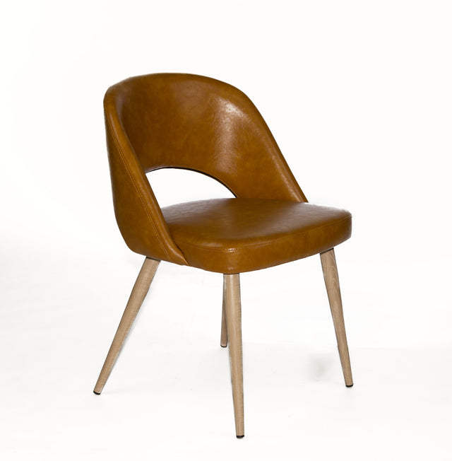 Henrick – Stationary Chair with Faux Leather Tan Seat and Backrest by Furnishings Mate – Faux Wood White Oak Steel Frame - Stools Canada