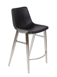 Moon – Stationary Stool with Faux Leather Black Seat and Backrest by Furnishings Mate – Brushed Stainless Steel Frame
