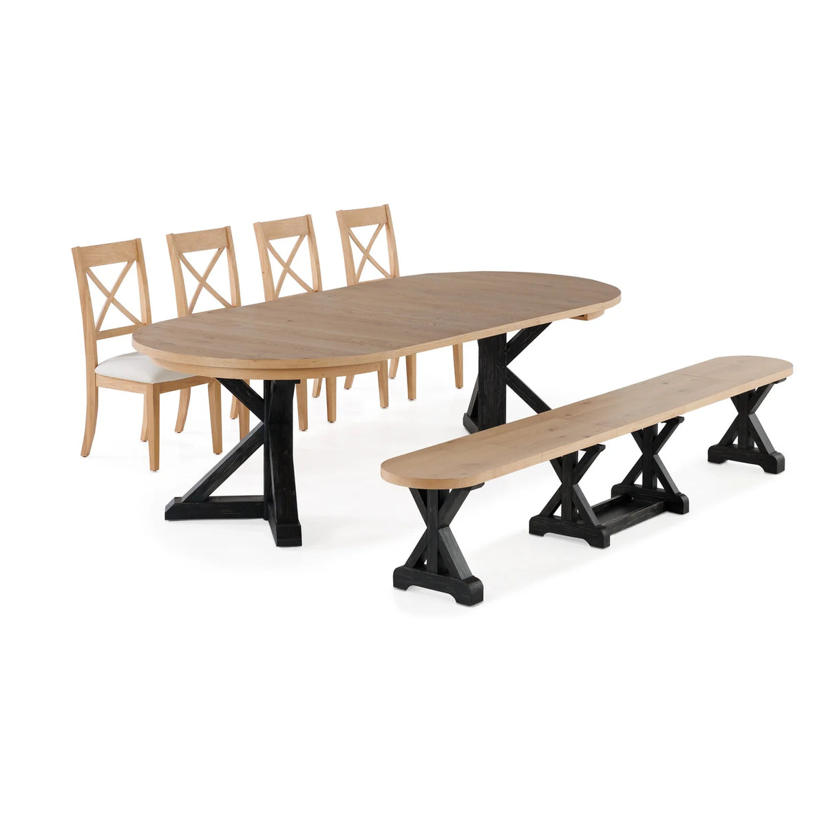Gather Dining Set: Round Table + 1 Bench + 4 Chairs