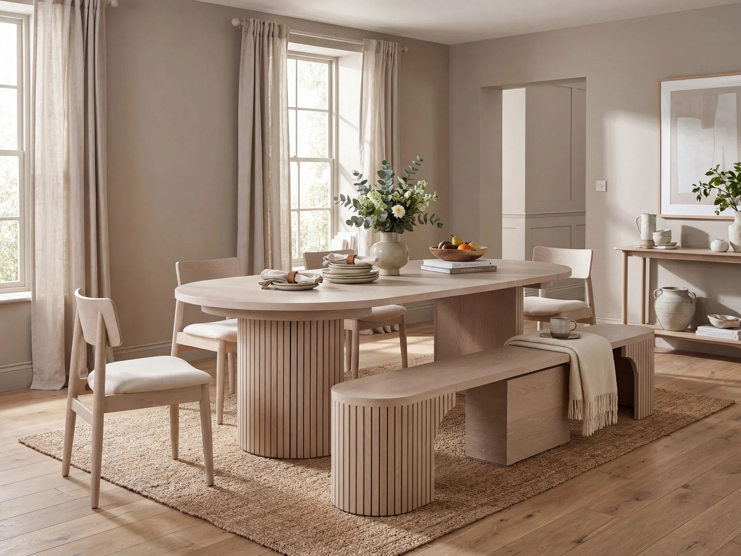 Transformer Round Dining Set - The Host | Table, 4x Chairs & Bench
