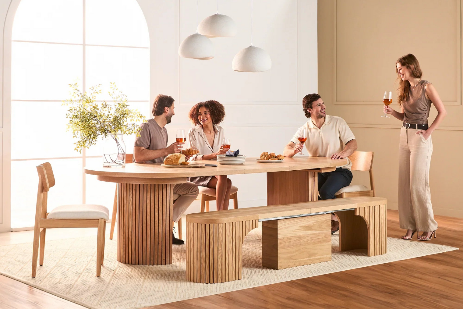 Transformer Round Dining Set - The Host | Table, 4x Chairs & Bench