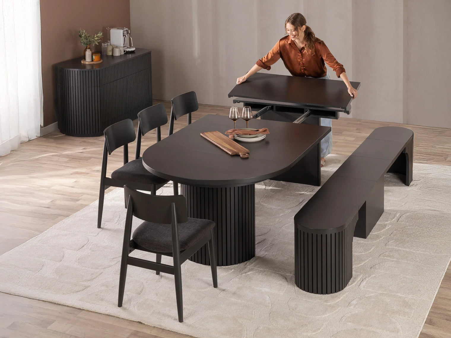 Transformer Round Dining Set - The Host | Table, 4x Chairs & Bench