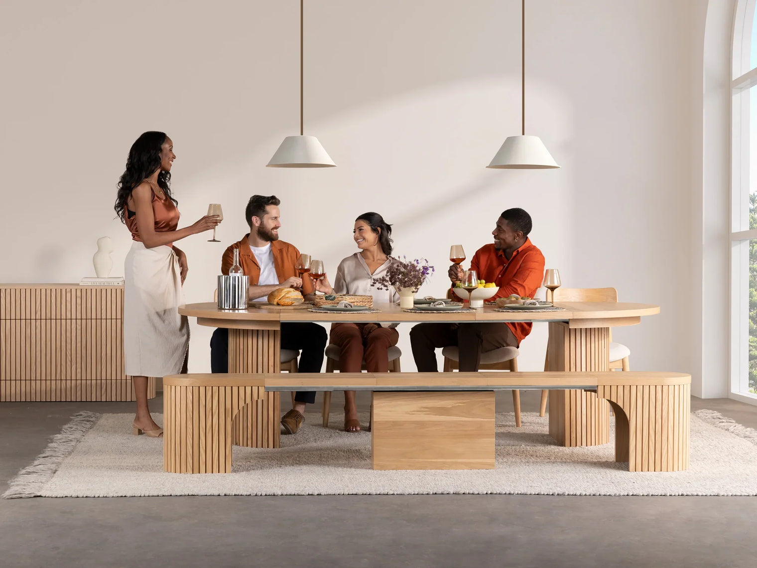 Transformer Round Dining Set - The Host | Table, 4x Chairs & Bench
