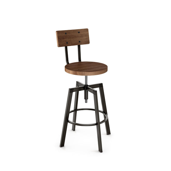 Architect - Adjustable Screw Stool with Distressed Wood Seat and Backrest by Amisco - 40263 - Stools Canada