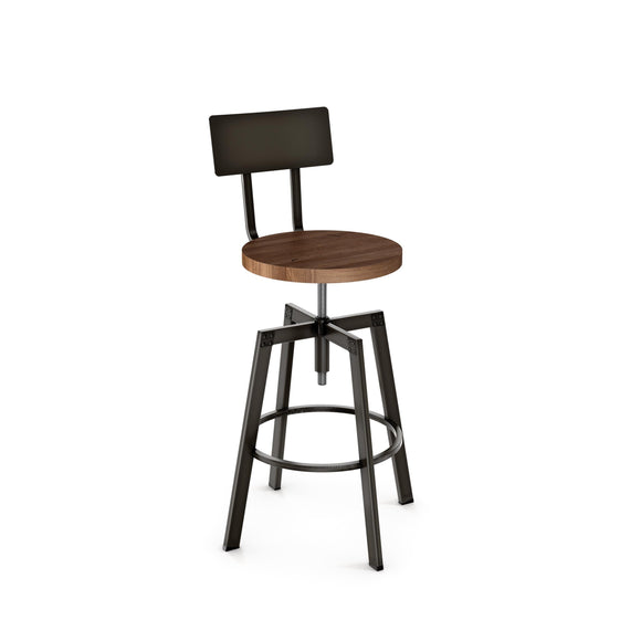 Architect - Adjustable Screw Stool with Distressed Wood Seat and Metal Backrest by Amisco - 40563 - Stools Canada
