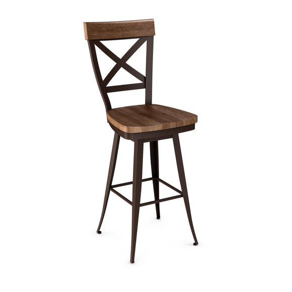 Kyle - Swivel Stool with Memory Return, Distressed Wood Seat and Metal Backrest with Wood Accent by Amisco - 41414 - Stools Canada