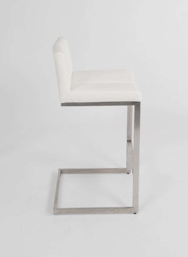 Cee - Stationary Stool with Faux Leather White Seat and Backrest by Furnishings Mate – Brushed Stainless Steel Frame - Stools Canada