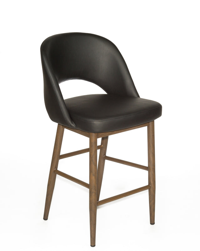 Henrick – Stationary Stool with Faux Leather Black Seat and Backrest by Furnishings Mate – Faux Wood Walnut Steel Frame - Stools Canada