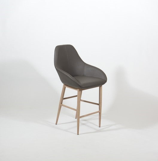 Shindig – Stationary Stool with Faux Leather Grey Seat and Backrest by Furnishings Mate – Faux Wood White Oak Steel Frame - Stools Canada